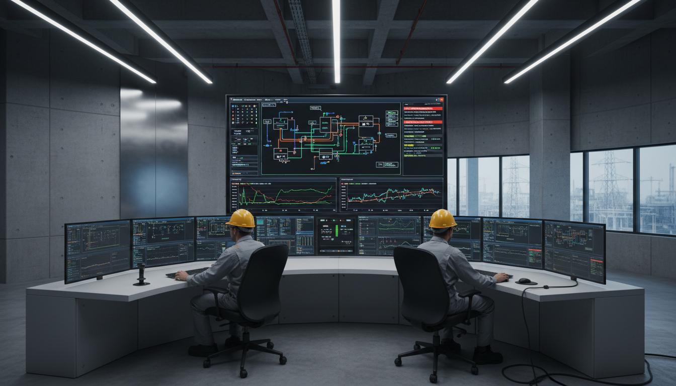 ห้องควบคุมโรงไฟฟ้า — Dashboard แสดง AI อ่านค่ามิเตอร์แบบ Real-time